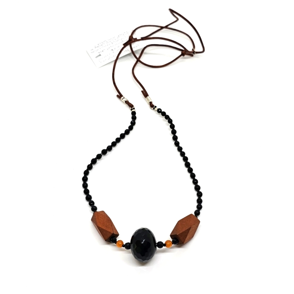 NWT Bluebird Leather Tie Necklace in Onyx, Spinnel, Wood, Carnelian and Sterlng.